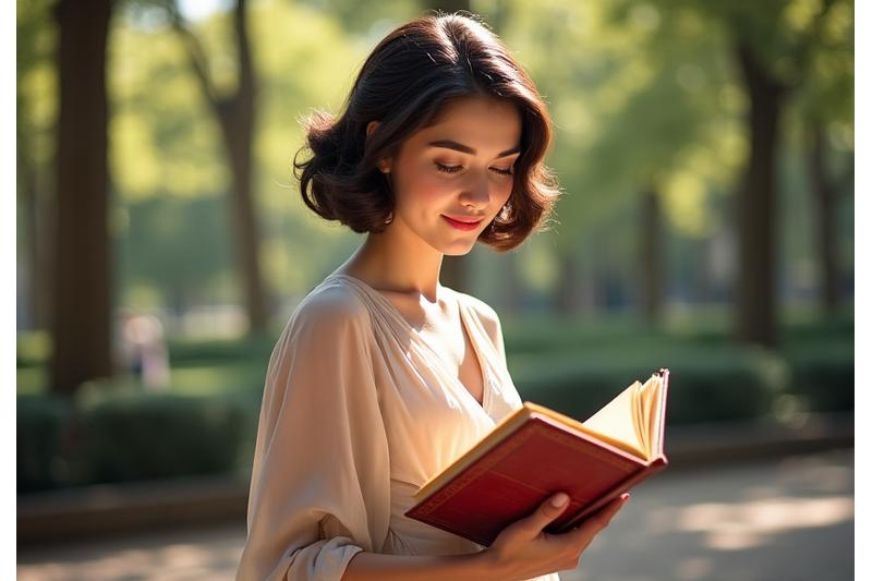 Une élégante jeune femme lisant un livre dans un jardin typiquement parisien, évoquant l'héritage français et l'inspiration derrière Beauté Éclatante Paris.