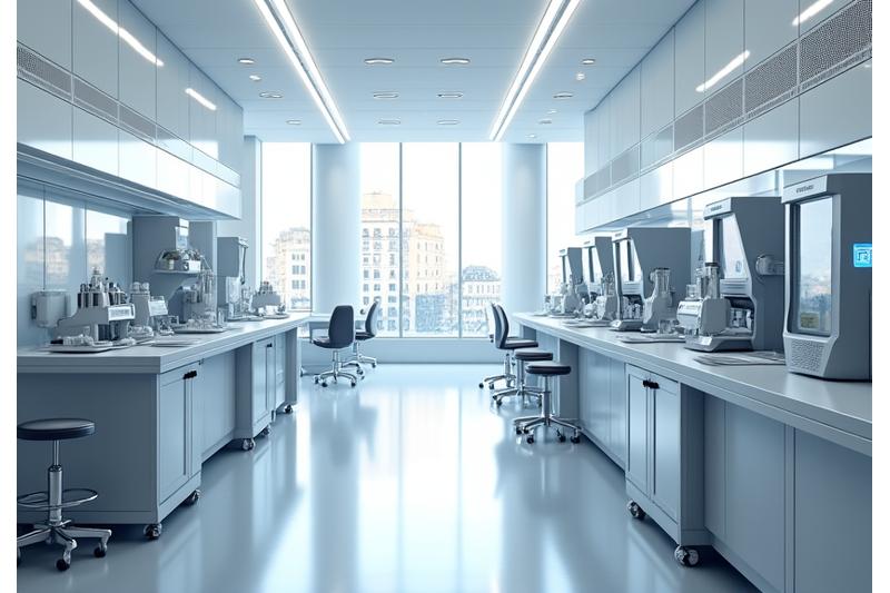 Vue intérieure moderne et immaculée du laboratoire de Beauté Éclatante Paris, montrant des équipements de haute technologie et un environnement de travail épuré.
