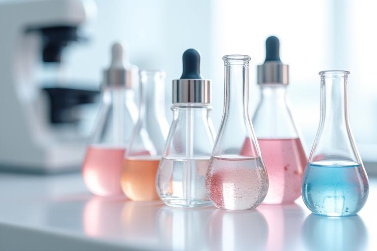 Des tubes à essai et de la verrerie de laboratoire disposés sur une paillasse, symbolisant la recherche et le développement en cosmétique