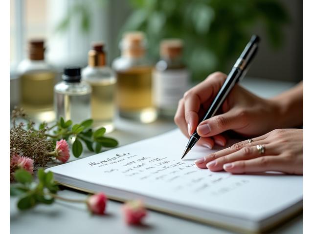 Une main notant des idées de formulation sur un carnet, avec des herbes botaniques et des flacons de laboratoire en arrière-plan, symbolisant une consultation experte en beauté naturelle.