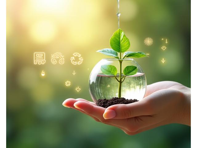 Une silhouette humaine arrosant une petite plante dans un bocal en verre, entourée d'icônes symbolisant l'énergie renouvelable, le recyclage et la conservation de l'eau.