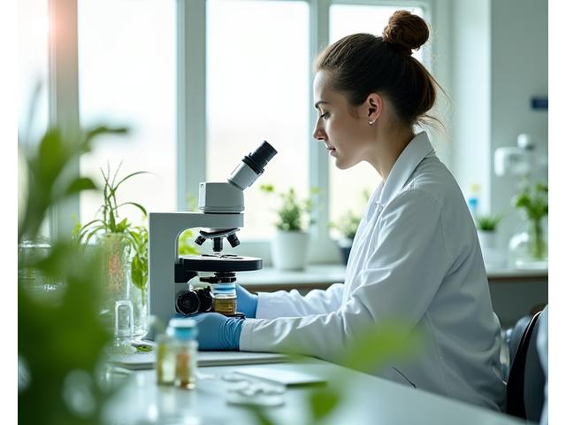 Scientifique travaillant dans un laboratoire moderne et lumineux, entouré d'équipement de pointe pour la formulation de cosmétiques naturels.