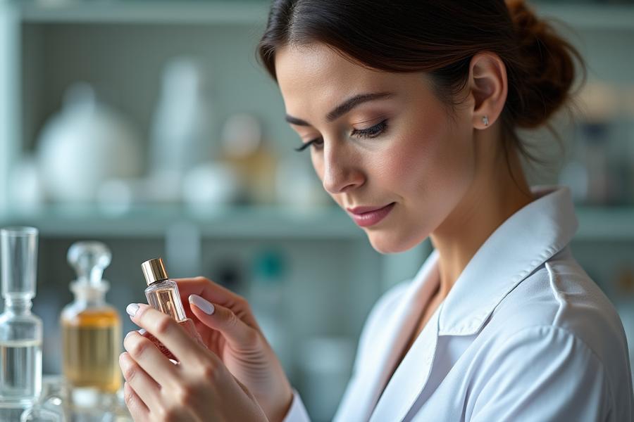 Maître parfumeur concentrée, travaillant avec précision sur l'orgue à parfums dans un laboratoire moderne.