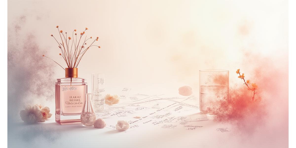 Un aperçu artistique du processus de création d'un parfum, avec des croquis olfactifs et des éléments de laboratoire.
