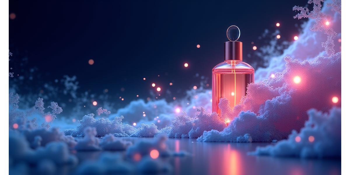 Représentation futuriste des tendances et innovations en parfumerie, avec des molécules stylisées et des éléments végétaux.