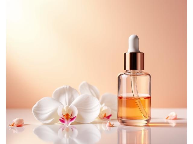 Bouteille de sérum et pétales de fleurs, ambiance luxe et jeunesse