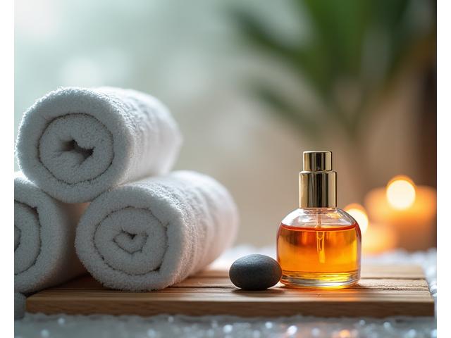Décor de spa apaisant avec serviettes et pierres chaudes, ambiance de détente