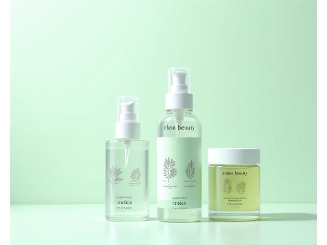 Flacons de produits clean beauty sur fond pastel, design minimaliste et frais
