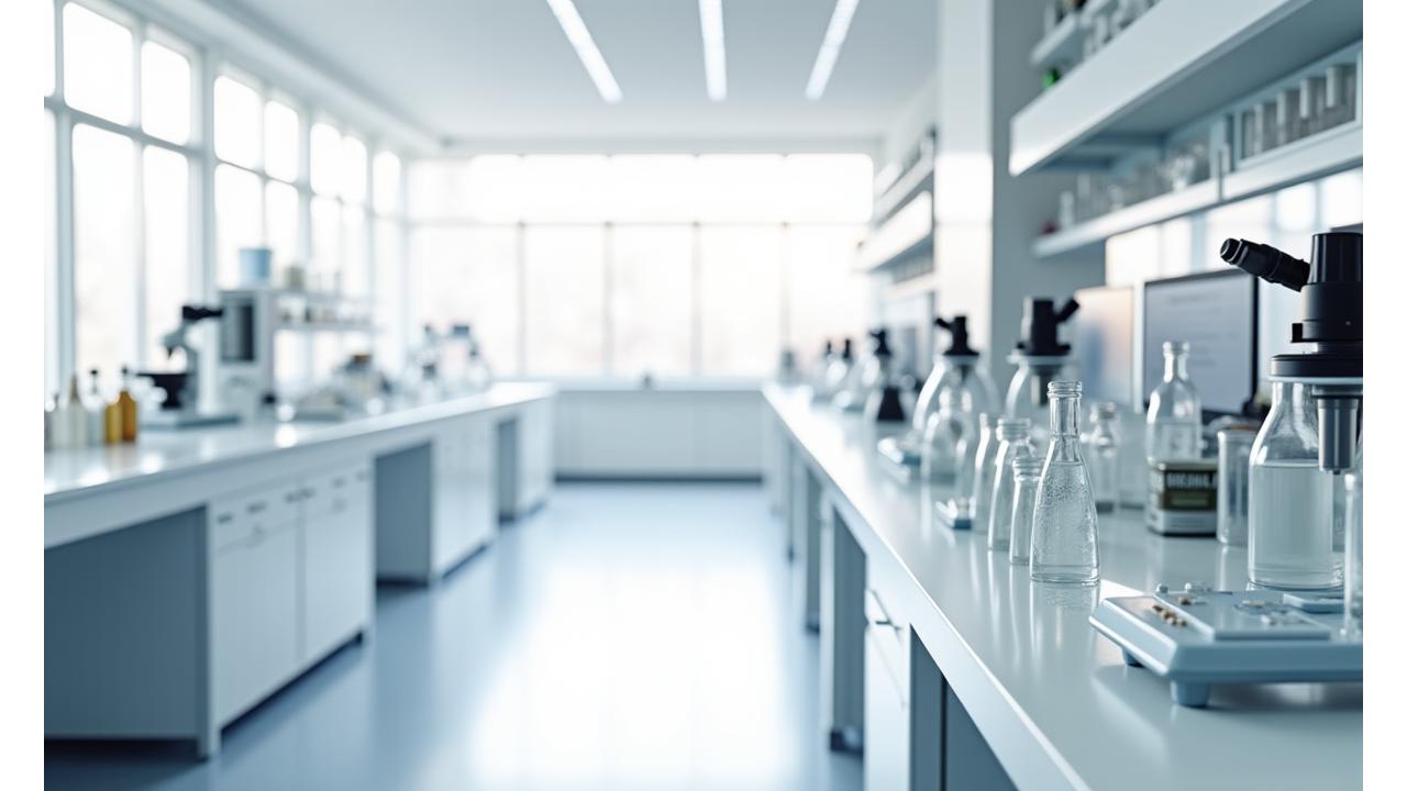Vue moderne d'un laboratoire de recherche cosmétique avec une lumière naturelle, équipements de pointe