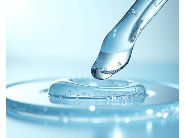 Gros plan d'un gel transparent avec des bulles sur une spatule, texture hydratante d'acide hyaluronique