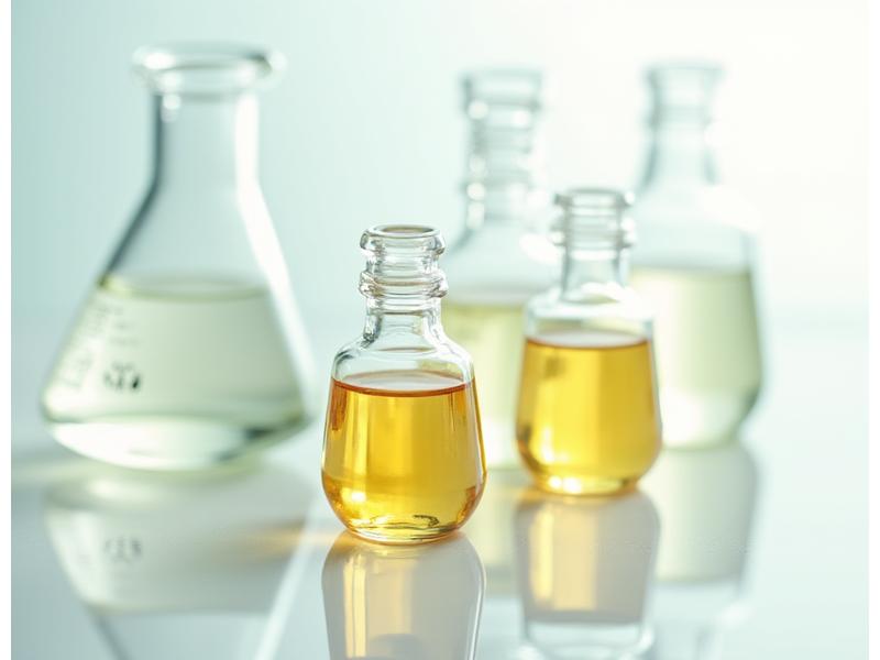 Gros plan sur des fioles de laboratoire contenant des liquides colorés, symbolisant le contrôle qualité et la pureté des ingrédients.