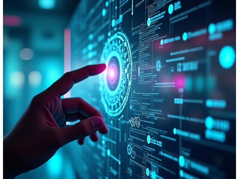 Interface utilisateur futuriste affichant des données moléculaires et des algorithmes, évoquant l'IA en formulation cosmétique