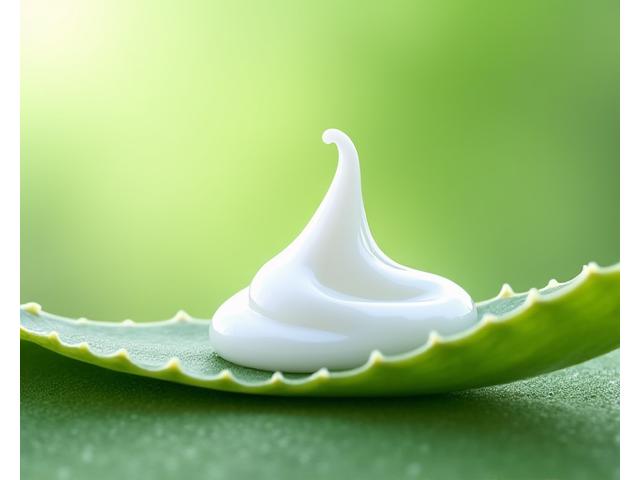Crème hydratante douce sur une feuille verte, évoquant la nature et la douceur pour peaux sensibles