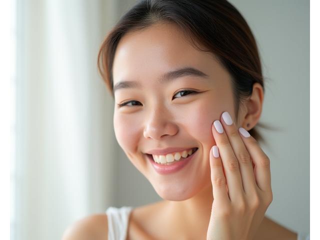 Jeune femme souriante appliquant un produit de soin sur son visage, peau jeune et fraîche