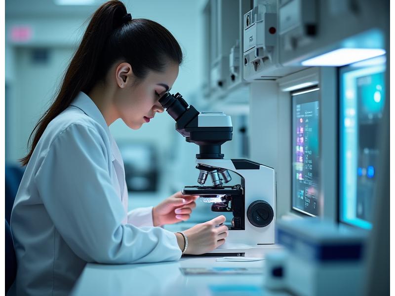 Scientifique analysant des échantillons de peau sur une plaque de pétri avec un microscope en laboratoire, éclairage précis