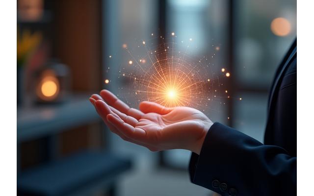 Main humaine établissant un contact numérique avec une interface IA dans un cadre futuriste, symbolisant la collaboration et le conseil.