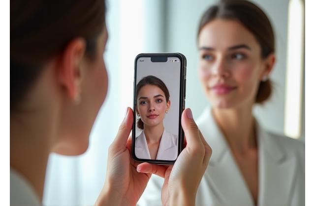 Femme utilisant une application de réalité augmentée sur son smartphone pour tester virtuellement différents produits cosmétiques sur son visage