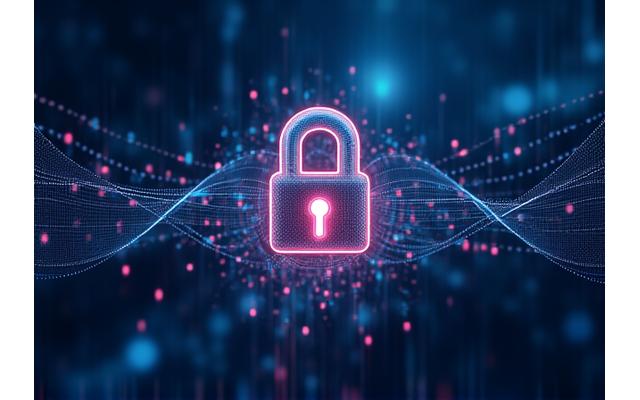 Illustration d'un cadenas numérique entouré de données fluides et de symboles de sécurité, évoquant la cybersécurité et la confidentialité