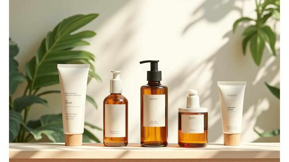 Range de produits de beauté avec des emballages épurés, faits de matériaux recyclés, sur une étagère en bois clair, en plein soleil.