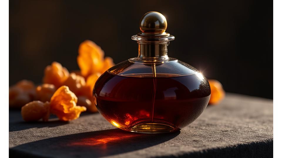 Flacon de parfum artisanal unique, posé sur une surface texturée avec des ombres intenses et des ingrédients rares en arrière-plan.