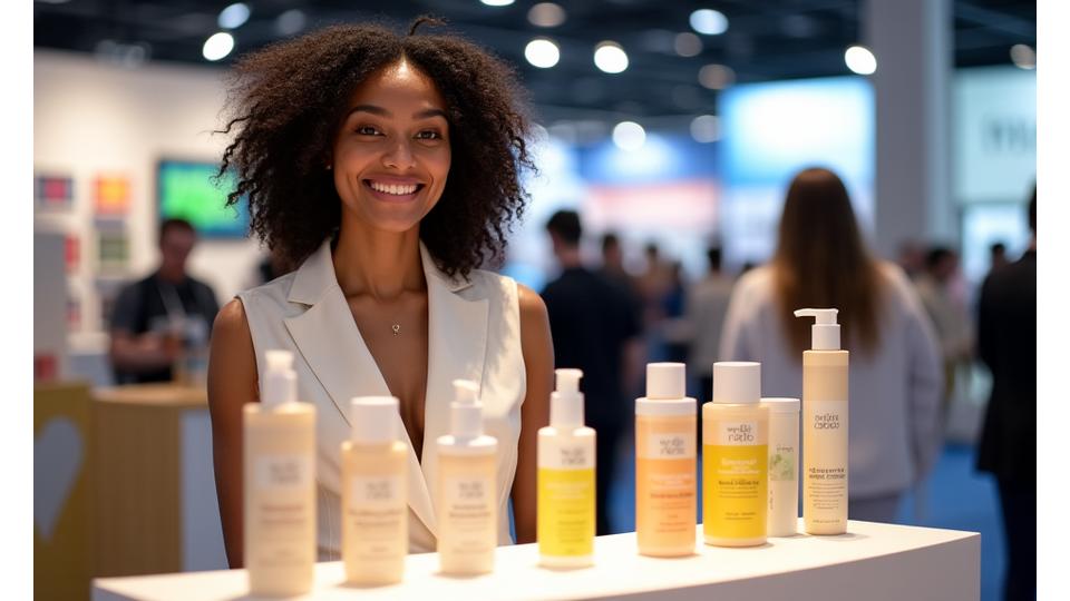 Jeune entrepreneure souriante présentant une nouvelle ligne de produits de beauté vegan sur un stand lumineux de salon professionnel.