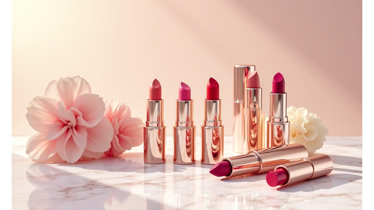 Assortiment de produits de maquillage vegan aux couleurs vives sur fond clair, avec des certifications vegan et cruelty-free affichées clairement.