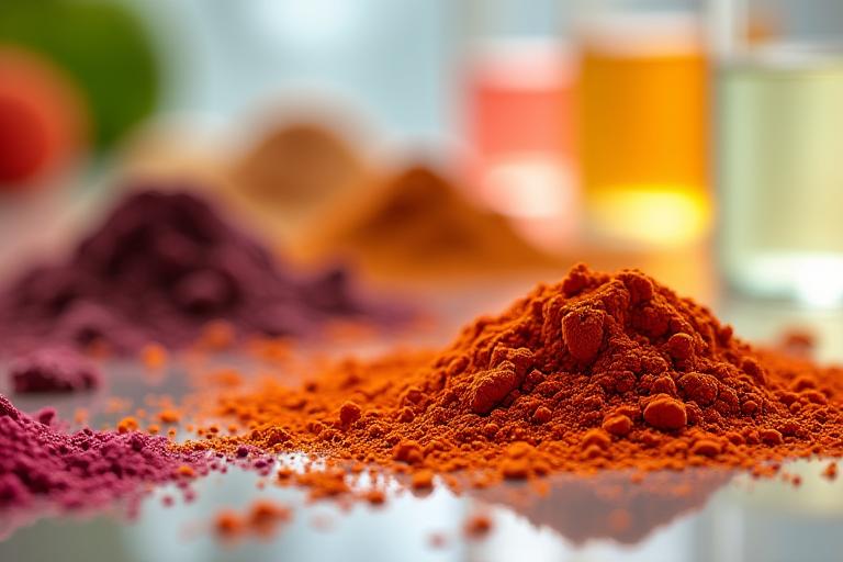 Gros plan sur des poudres pigmentées de plantes et des textures de maquillage véganes, avec des fioles d'extraits naturels en arrière-plan.