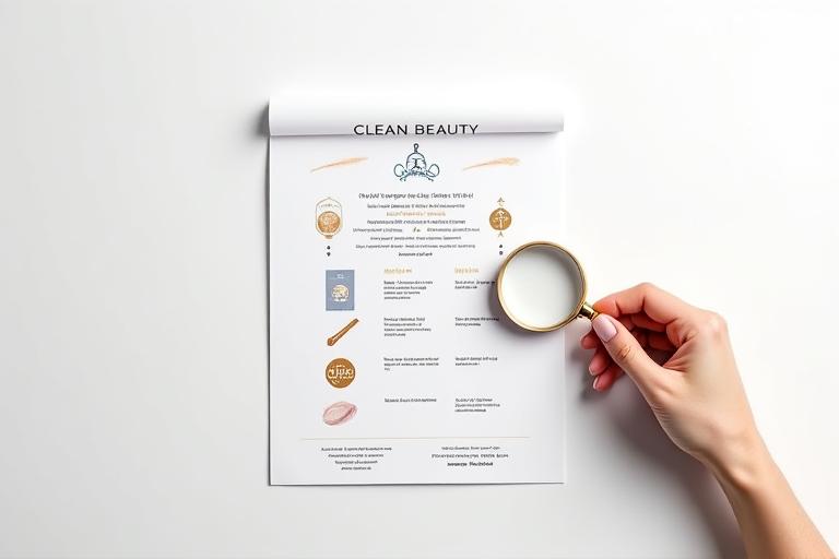 Une main experte examine un document de certification 'Clean Beauty' avec des icônes de molécules sûres et barrées, symbolisant la rigueur.