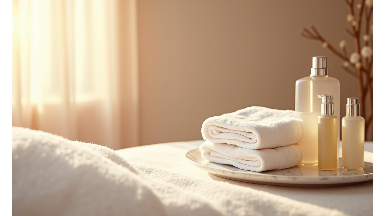 Ambiance luxueuse et apaisante d'un espace spa raffiné, avec des éléments de cosmétiques premium Beauté Éclatante Paris.