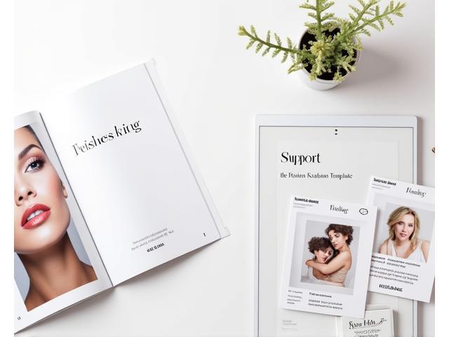 Illustration d'outils marketing: brochure élégante, photo de produit sur un écran de tablette, et icônes de réseaux sociaux, symbolisant le soutien marketing fourni.