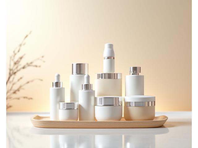 Collection de flacons élégants et pots de crèmes, symbolisant la gamme de produits professionnels haute concentration de Beauté Éclatante Paris pour spas.