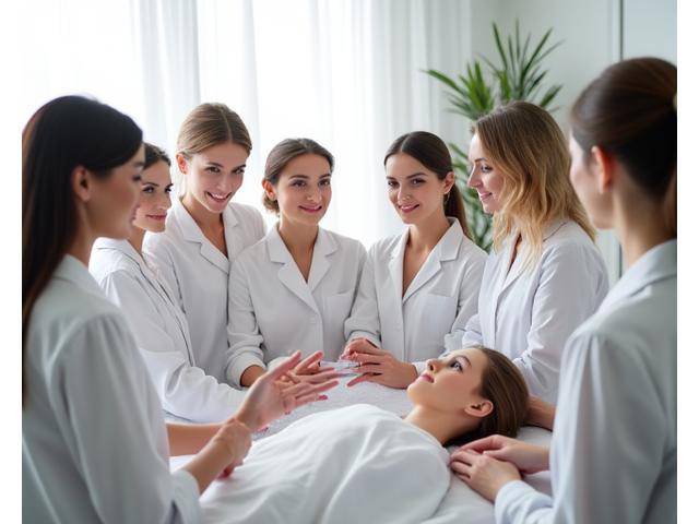 Formatrice professionnelle enseignant des techniques de soin à un groupe d'esthéticiennes attentives dans un cadre moderne et élégant.