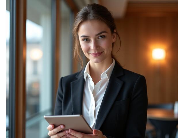 Illustration d'une personne élégante représentant un délégué à la protection des données, au téléphone, avec des éléments numériques en arrière-plan.