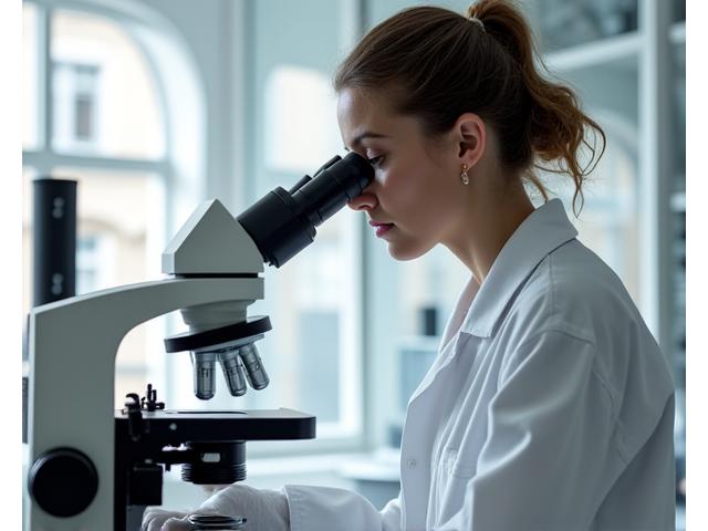 Biologiste étudiant des cellules au microscope, dans une atmosphère de laboratoire élégante.