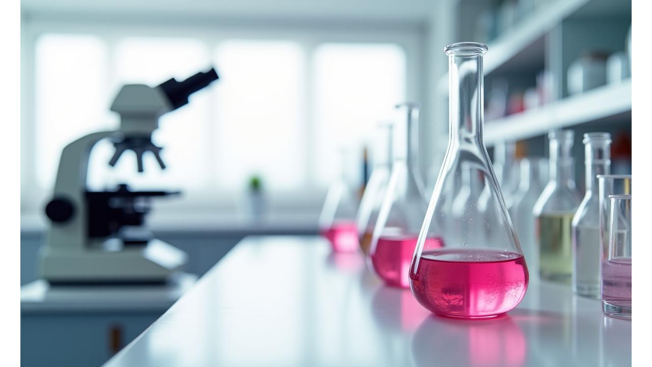 Laboratoire de recherche anti-âge avec des technologies cellulaires avancées et des tubes à essai roses.