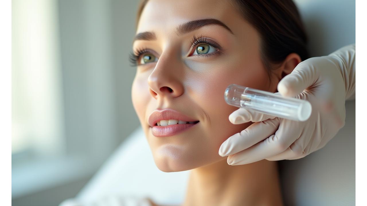 Une femme souriante après une procédure esthétique légère, avec une peau apaisée et éclatante, dans un cadre clinique lumineux et moderne. Une main experte applique délicatement un soin sur son visage.