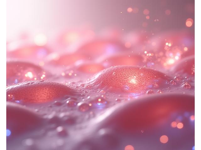 Animation 3D abstraite montrant des cellules cutanées en régénération, avec des peptides et des facteurs de croissance symbolisés par des lumières douces et des connexions, reflétant la science de la cicatrisation accélérée.